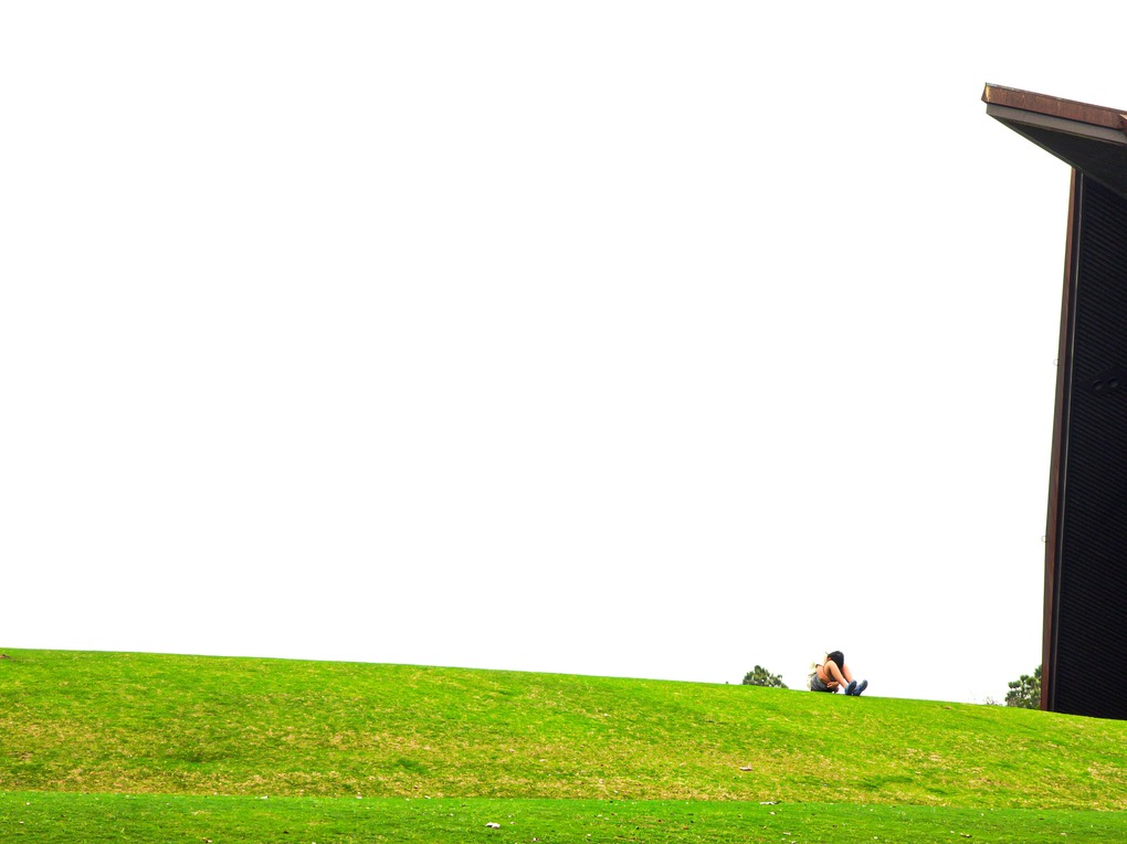 Landscape - Person sitting on Grassy Hill Near Building