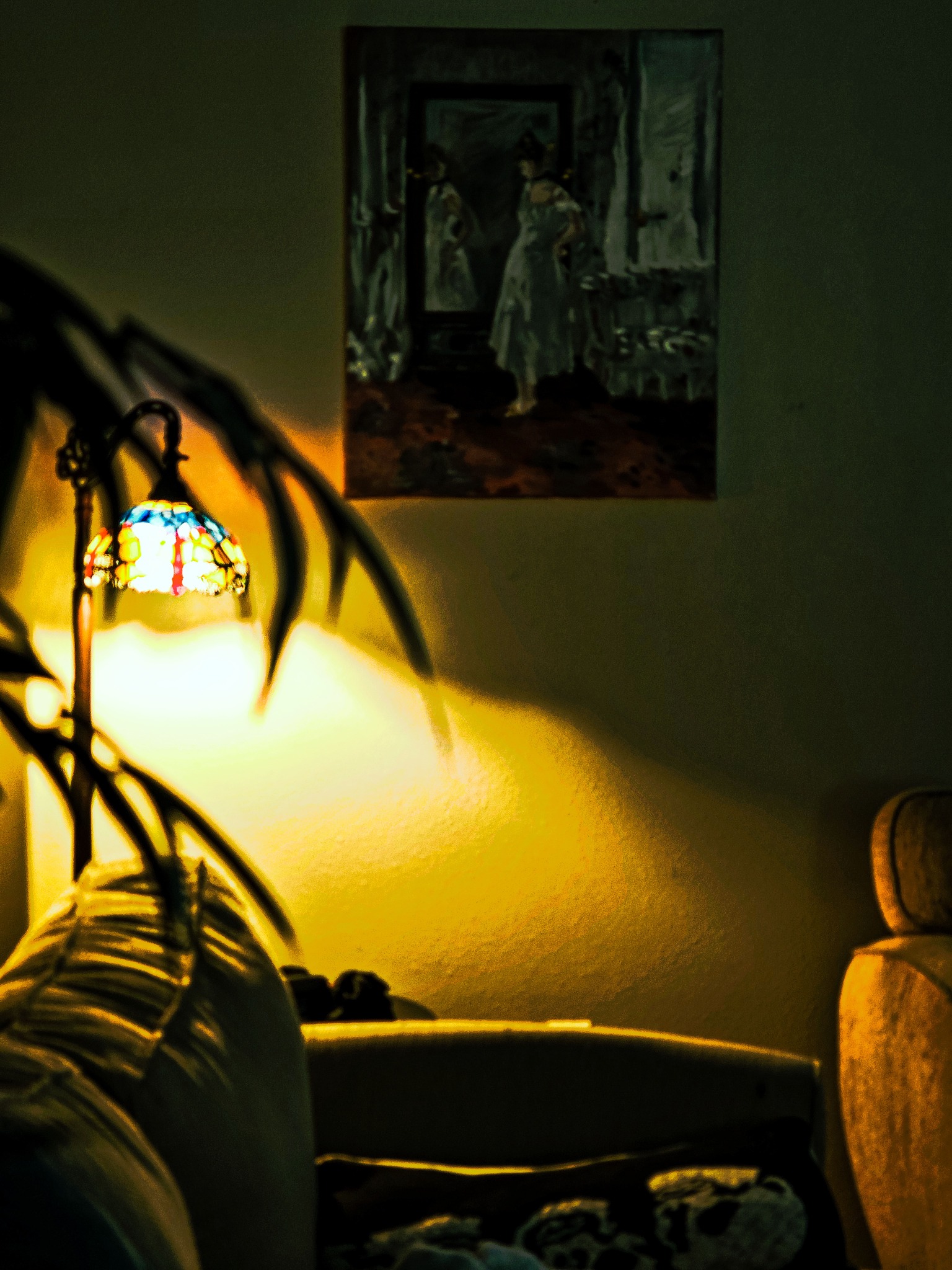 Interior — Stained Glass Lamp and Vintage Painting in Cozy Room